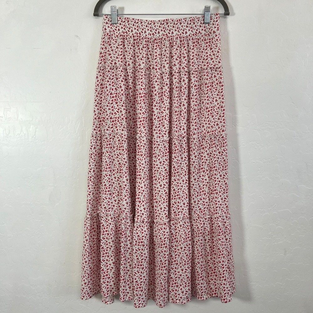 SO red garden floral maxi skirt sz M ruffle tiered peasant boho cottage core